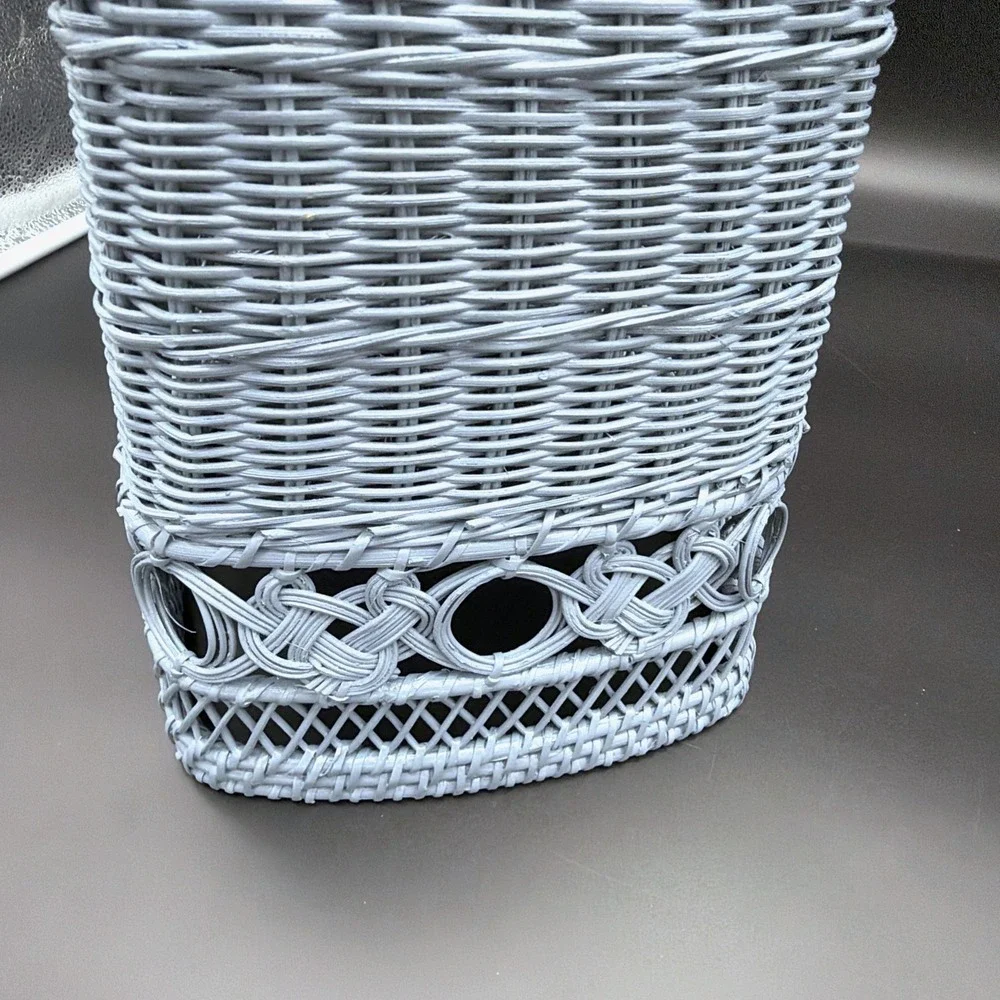 VTG Wicker Basket Light Blue Painted Braided Knot Openwork Lattice Decor